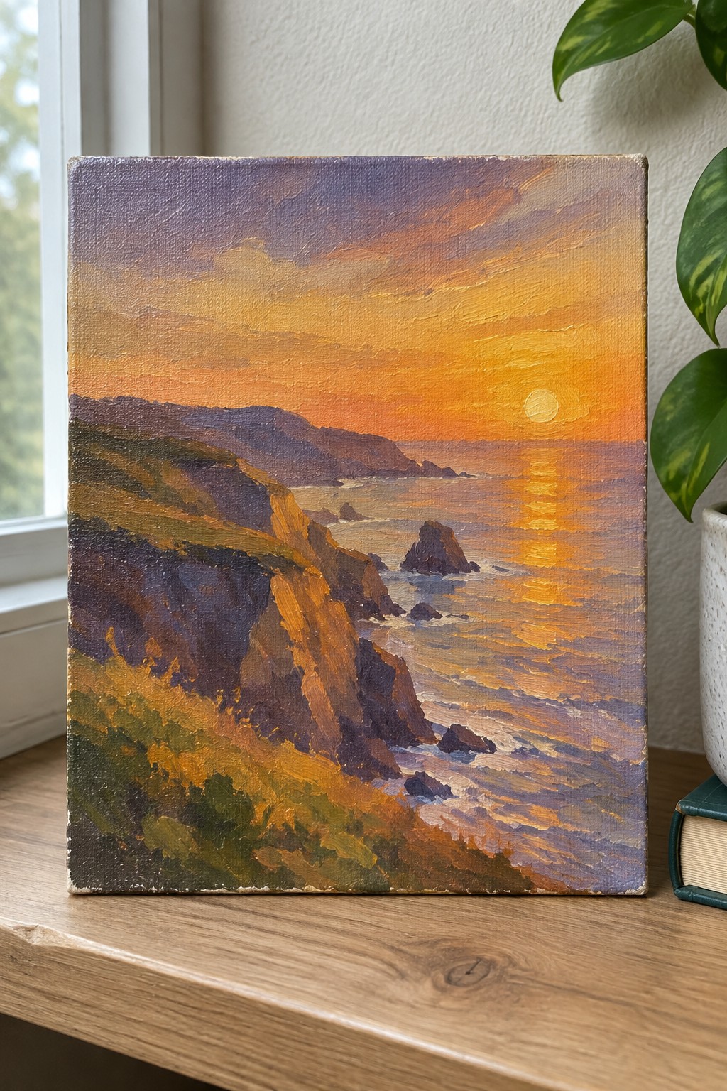 Sunset oil painting of cliffs and ocean on wooden table beside plant and book
