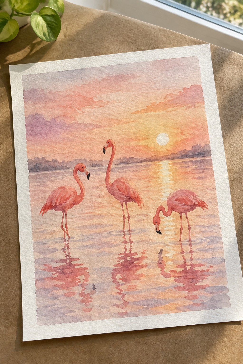 Three pink flamingos wade in shallow sunset water with vivid reflections in watercolor.