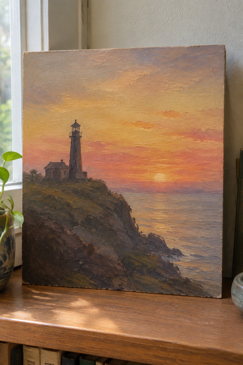 Oil painting of lighthouse on cliff at vibrant orange sunset on wooden table