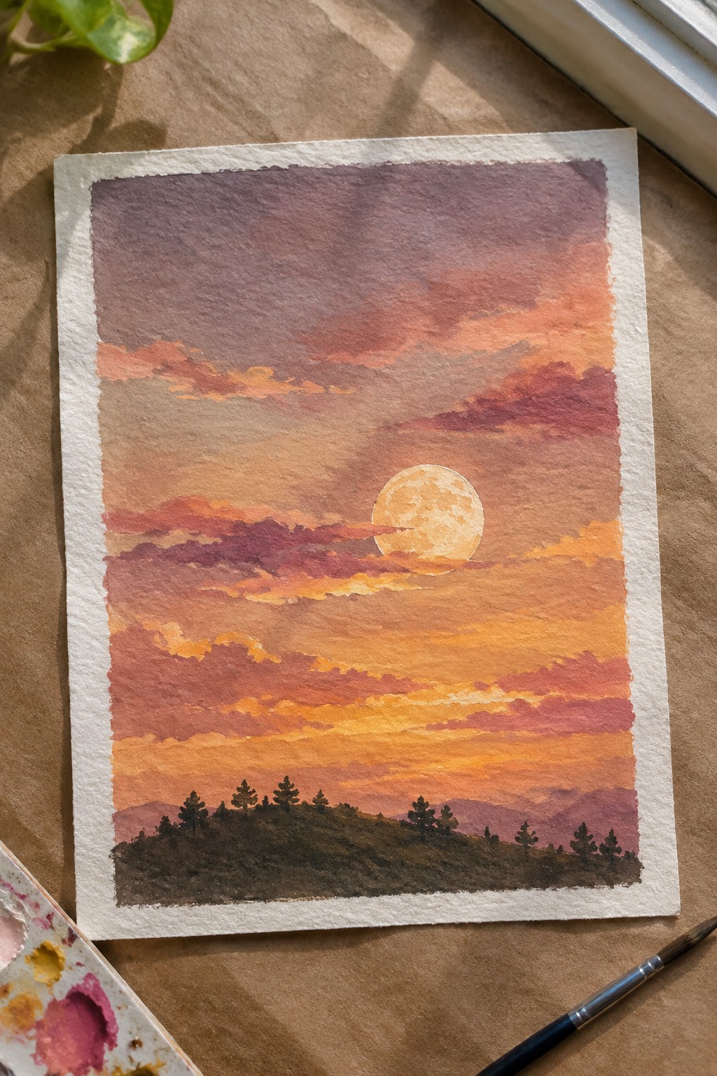 Watercolor sunset painting with glowing moon above silhouetted pines, palette and brush nearby