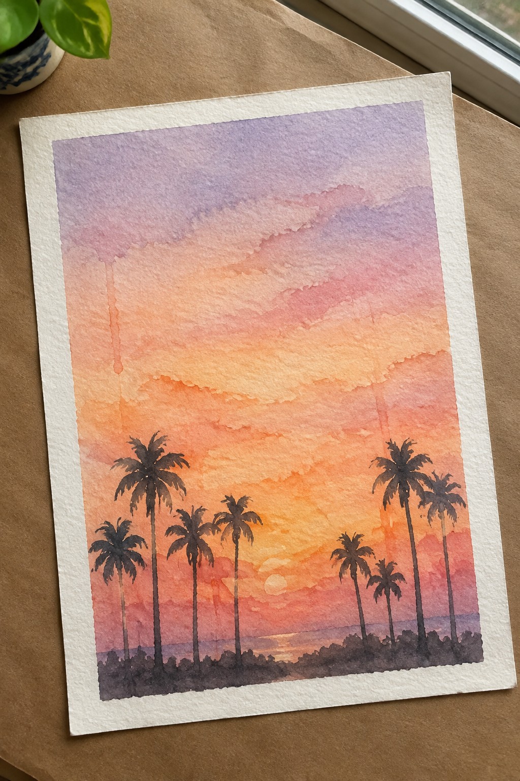Watercolor sunset with silhouetted palm trees under purple-orange gradient sky