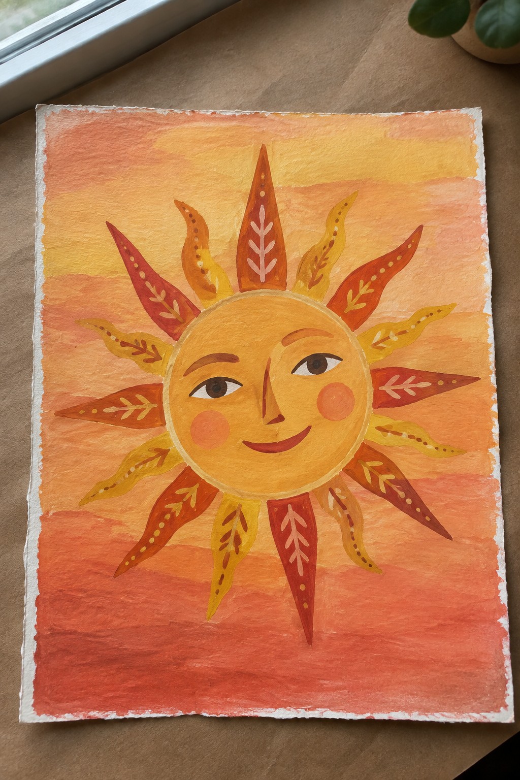 Smiling sun with red-yellow rays on striped orange-yellow watercolor sunset sky