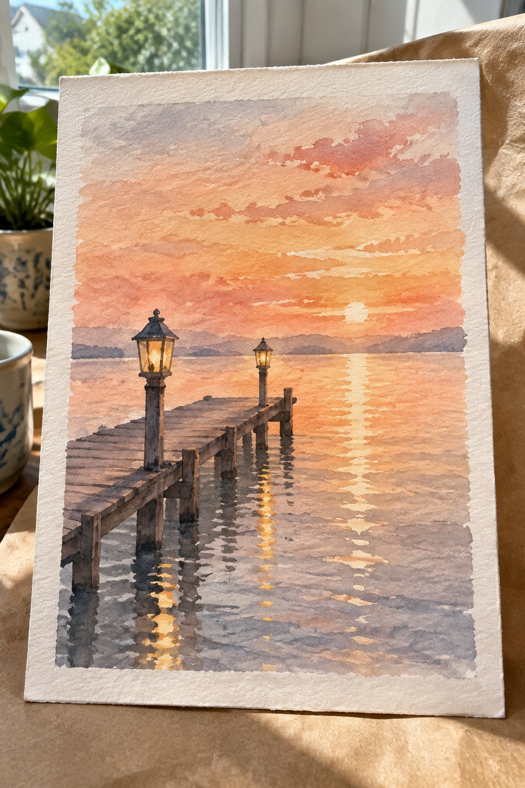 Watercolor sunset over calm water with wooden pier, two glowing lanterns, and orange-pink sky.
