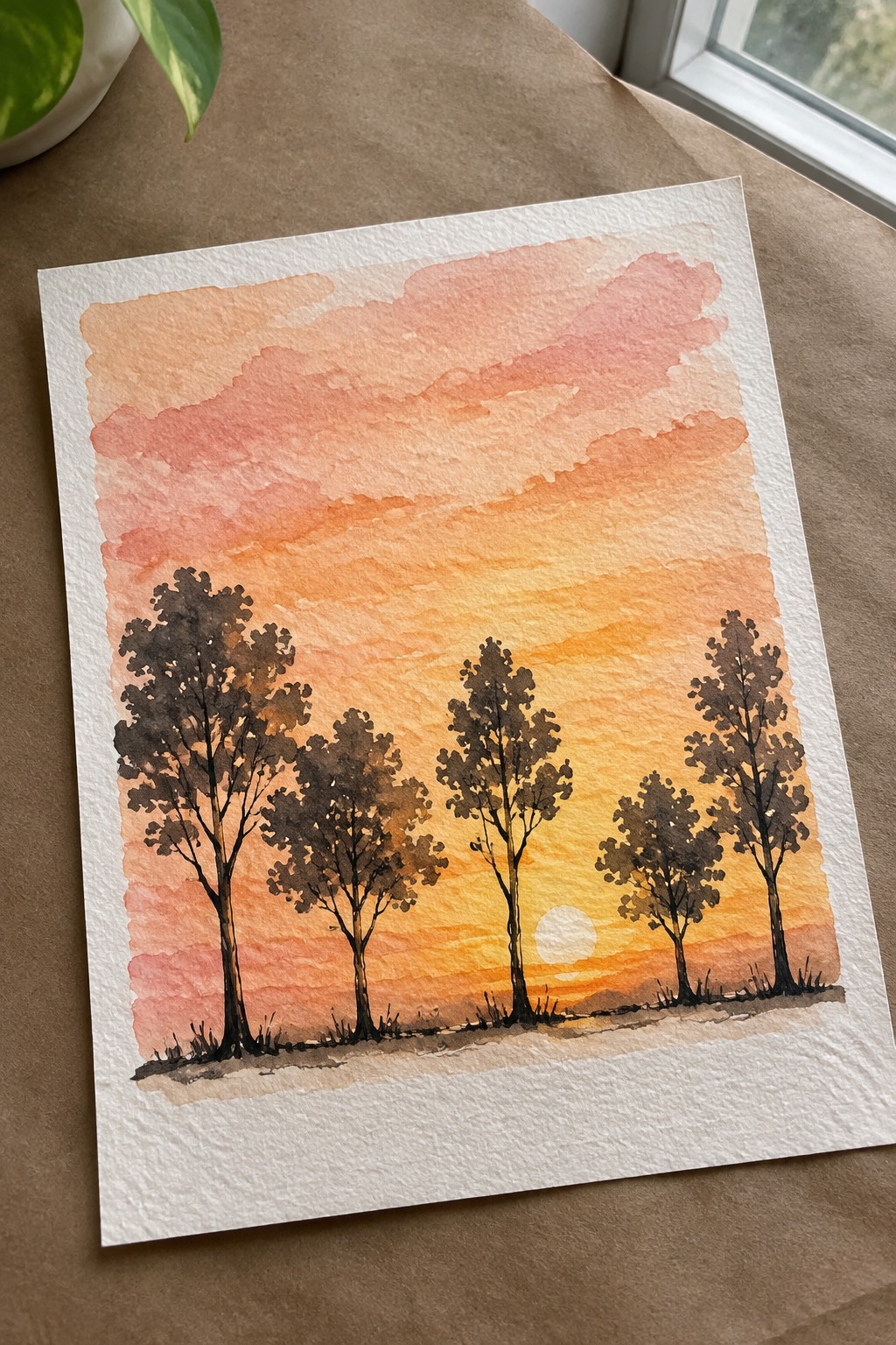 Watercolor painting of silhouetted trees against a pink-orange gradient sunset sky with low sun.