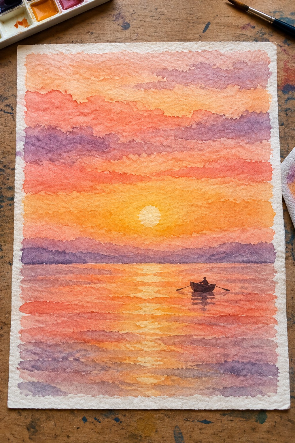 Watercolor sunset with layered orange-pink skies, glowing sun, and lone rower in boat.