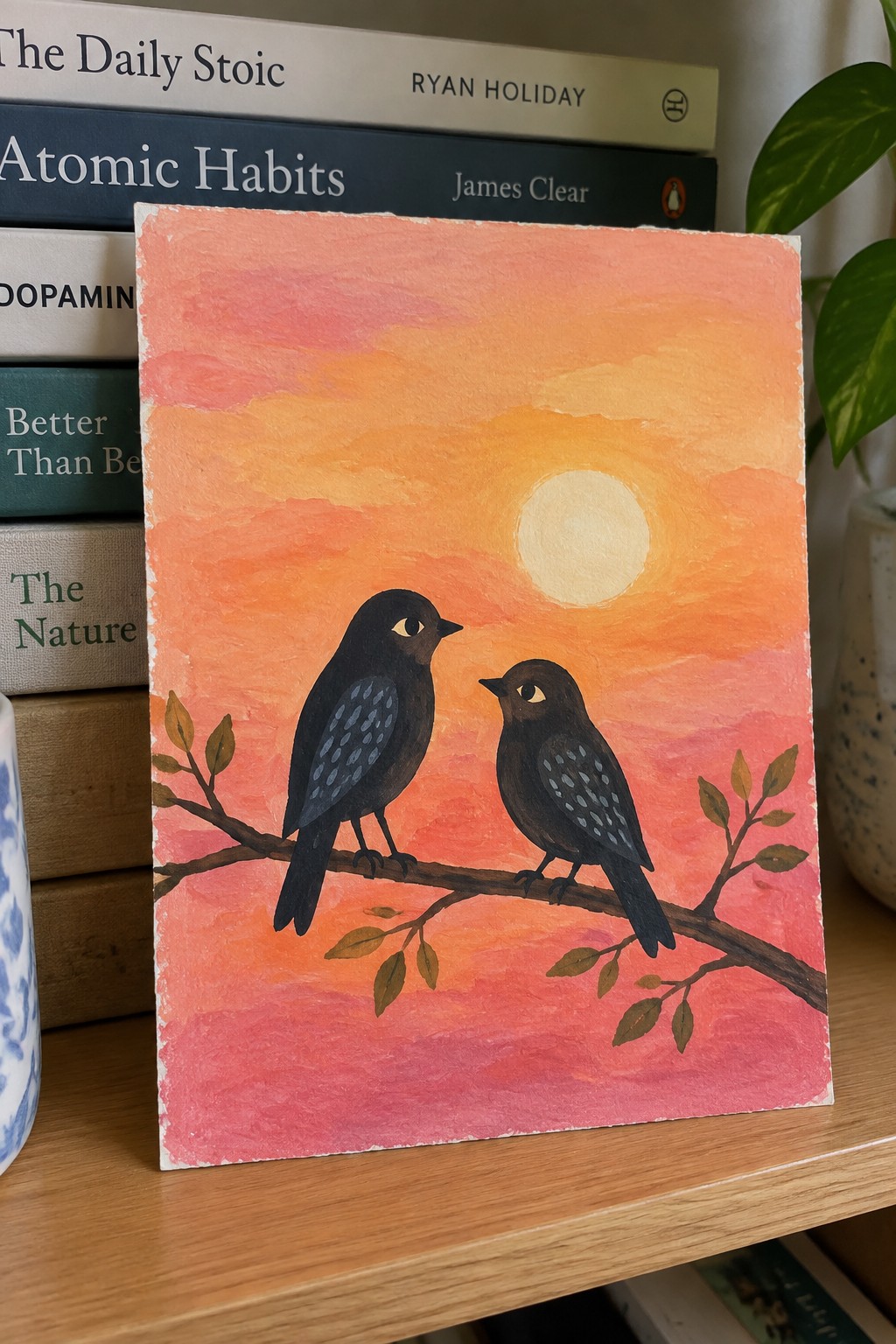 Two black birds on a branch against vibrant orange-pink sunset, books stacked behind.