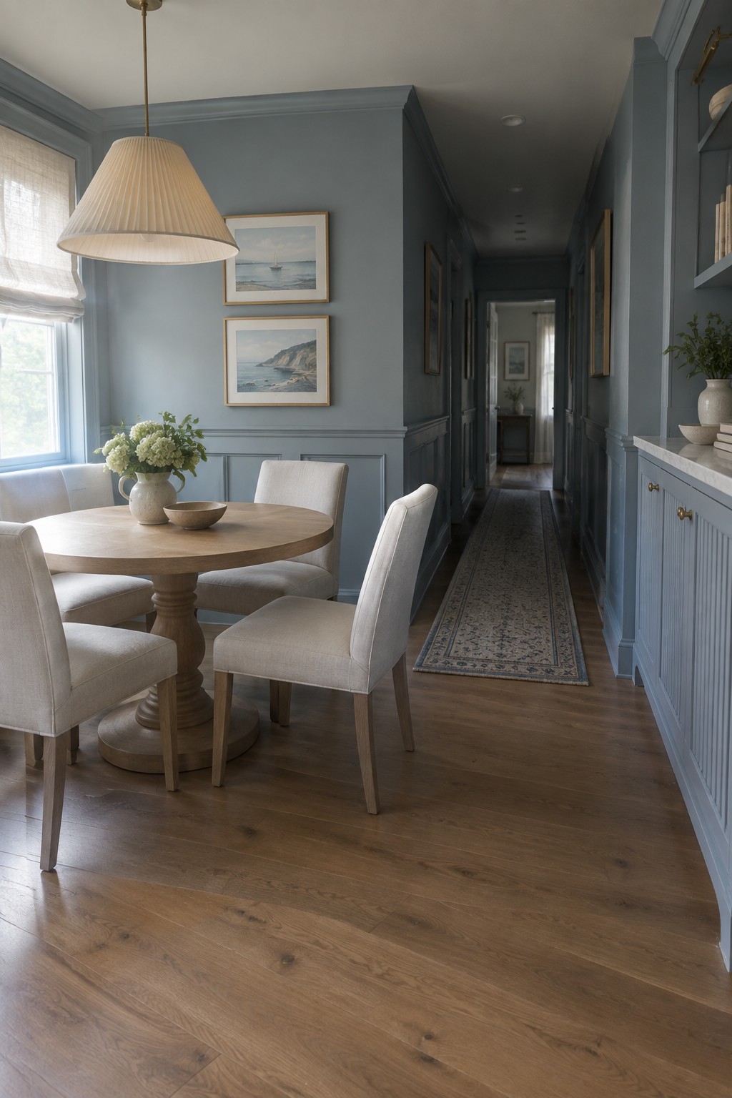 A dining area with soft blue gray walls and paneling opening to a hallway with wood floors.