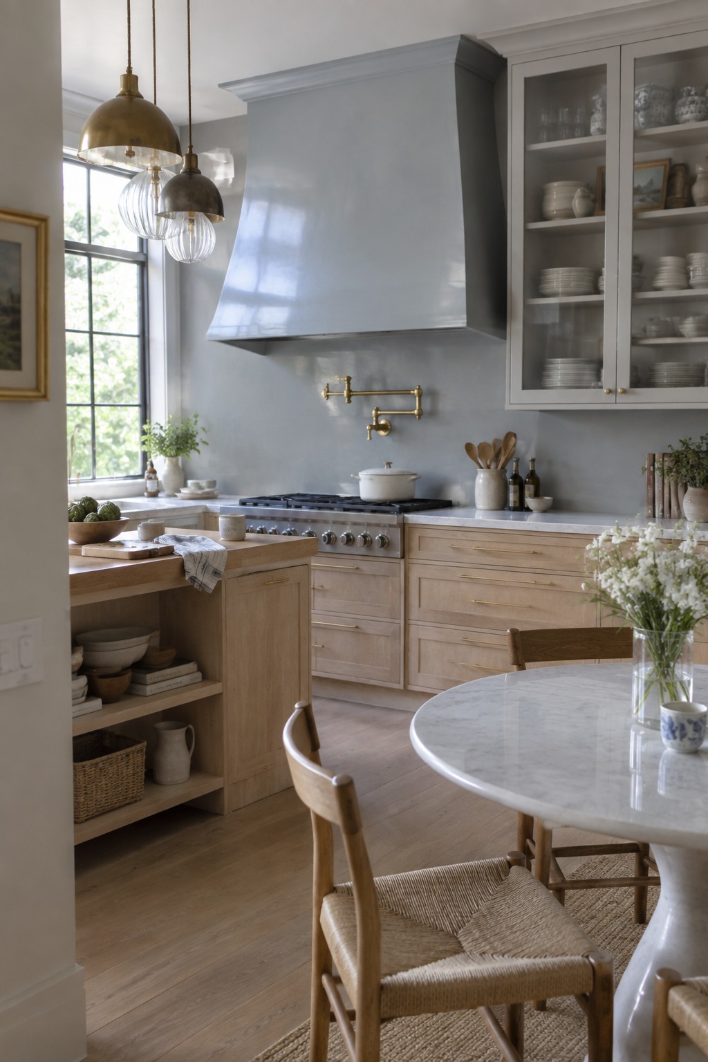A kitchen range hood and walls painted in soft blue gray next to light wood cabinets.