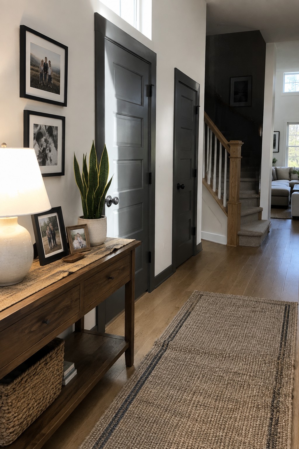 Dark charcoal gray doors in a bright entryway with wood flooring.