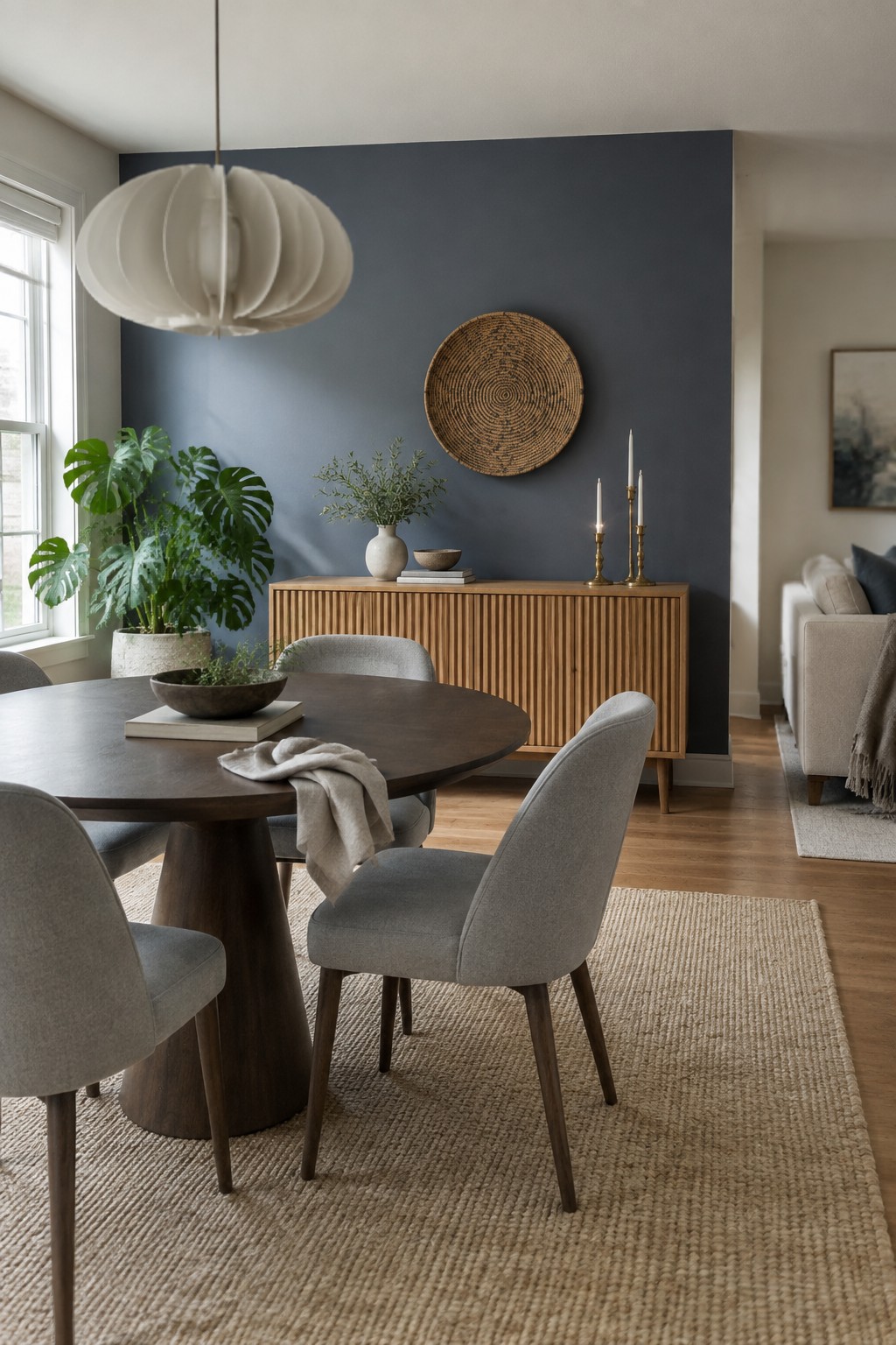 A dining area with a deep blue-gray accent wall and wooden furniture.