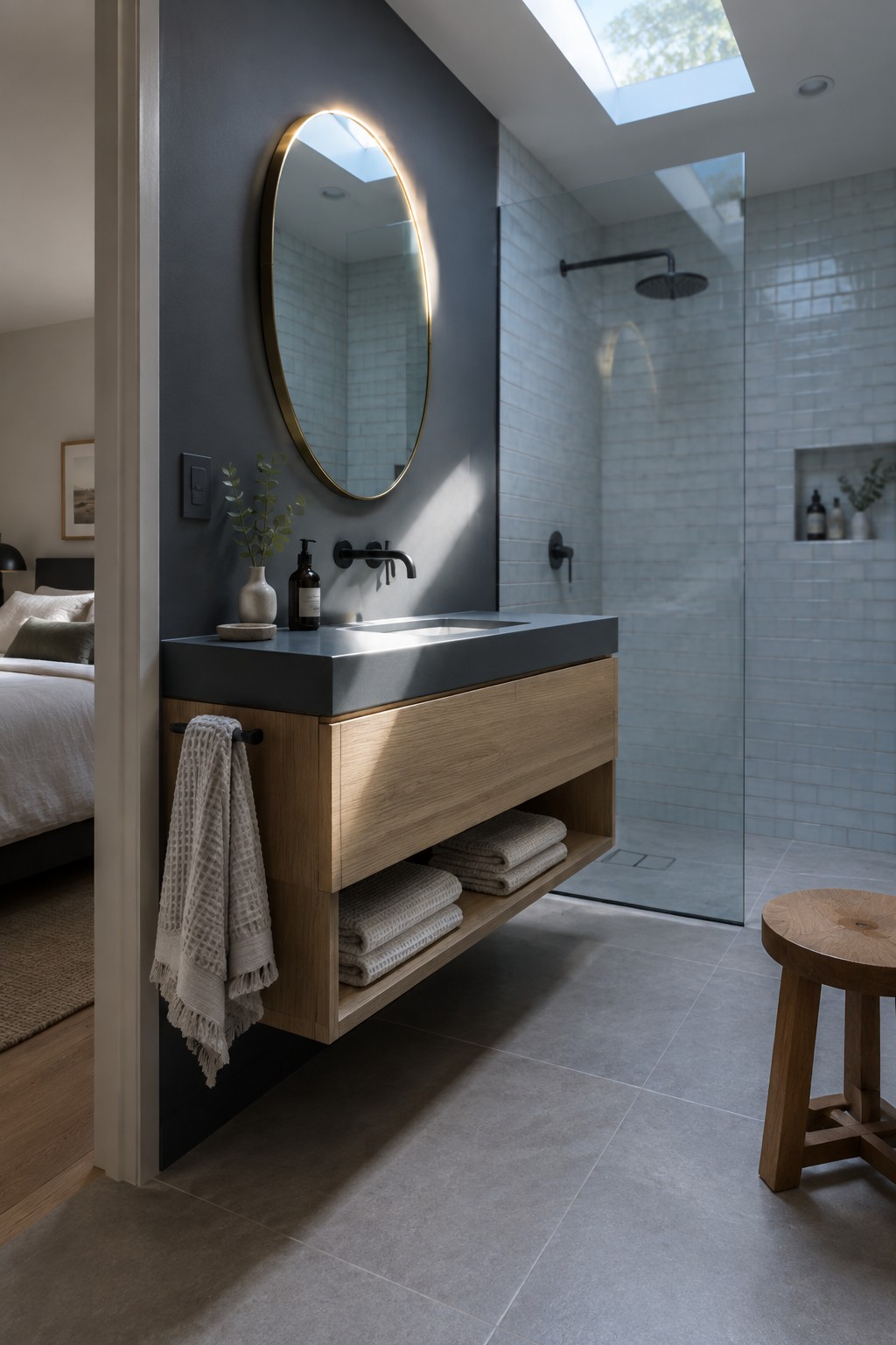 Dark charcoal gray wall in an open bathroom with a floating light wood vanity.