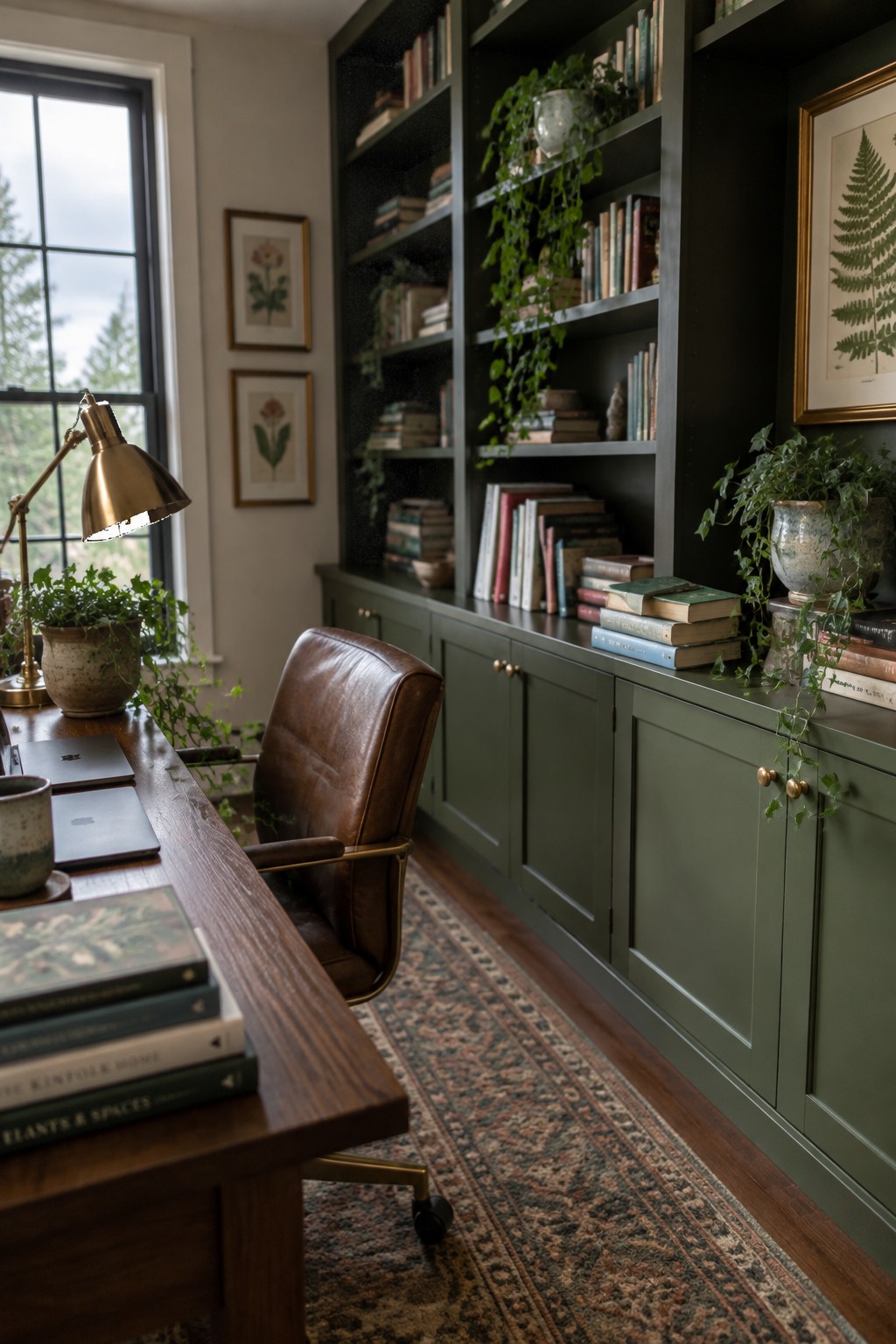 A home office featuring deep green built-in bookshelves and cabinetry.
