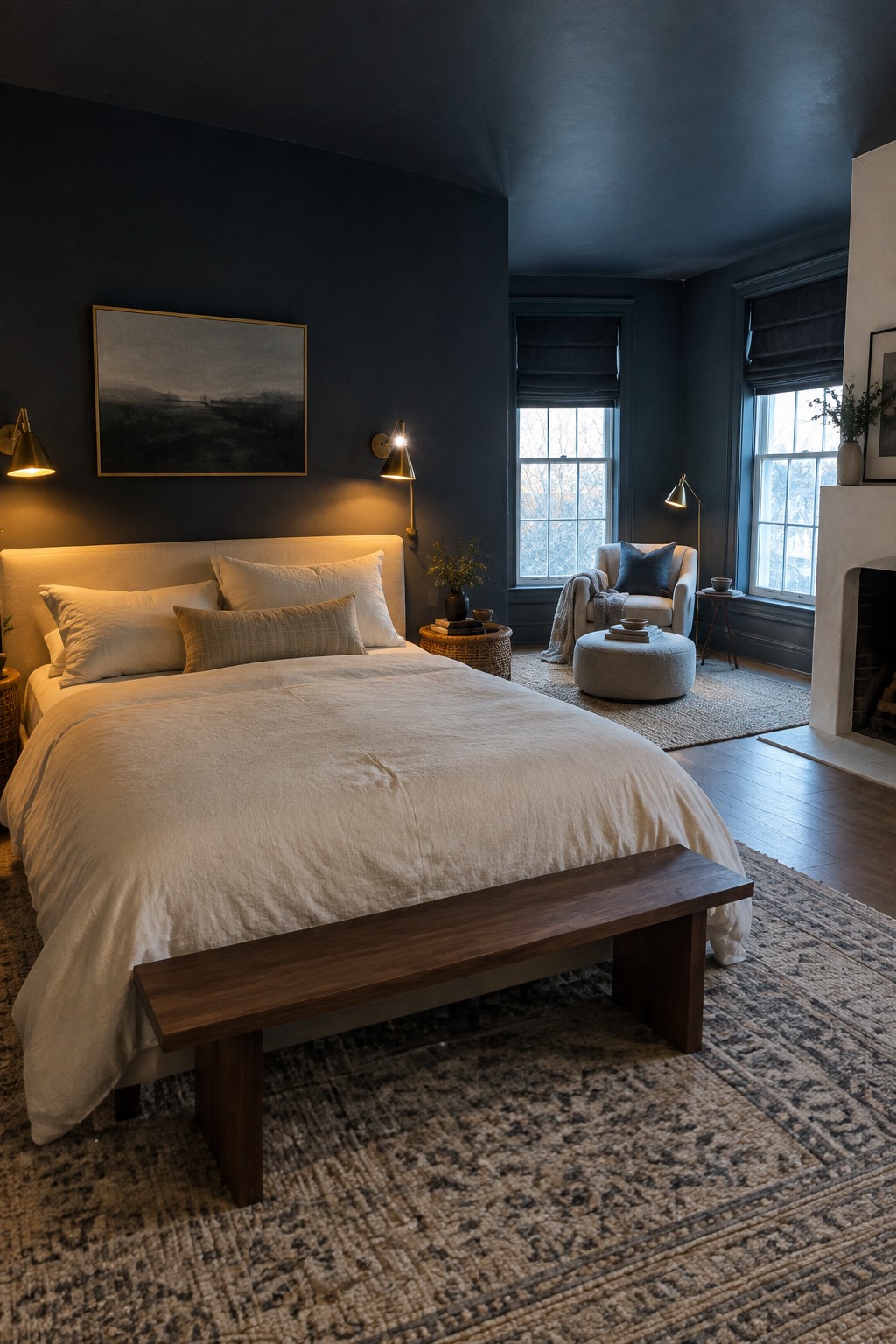 Bedroom with deep navy walls, white bedding, and dark wood accents.