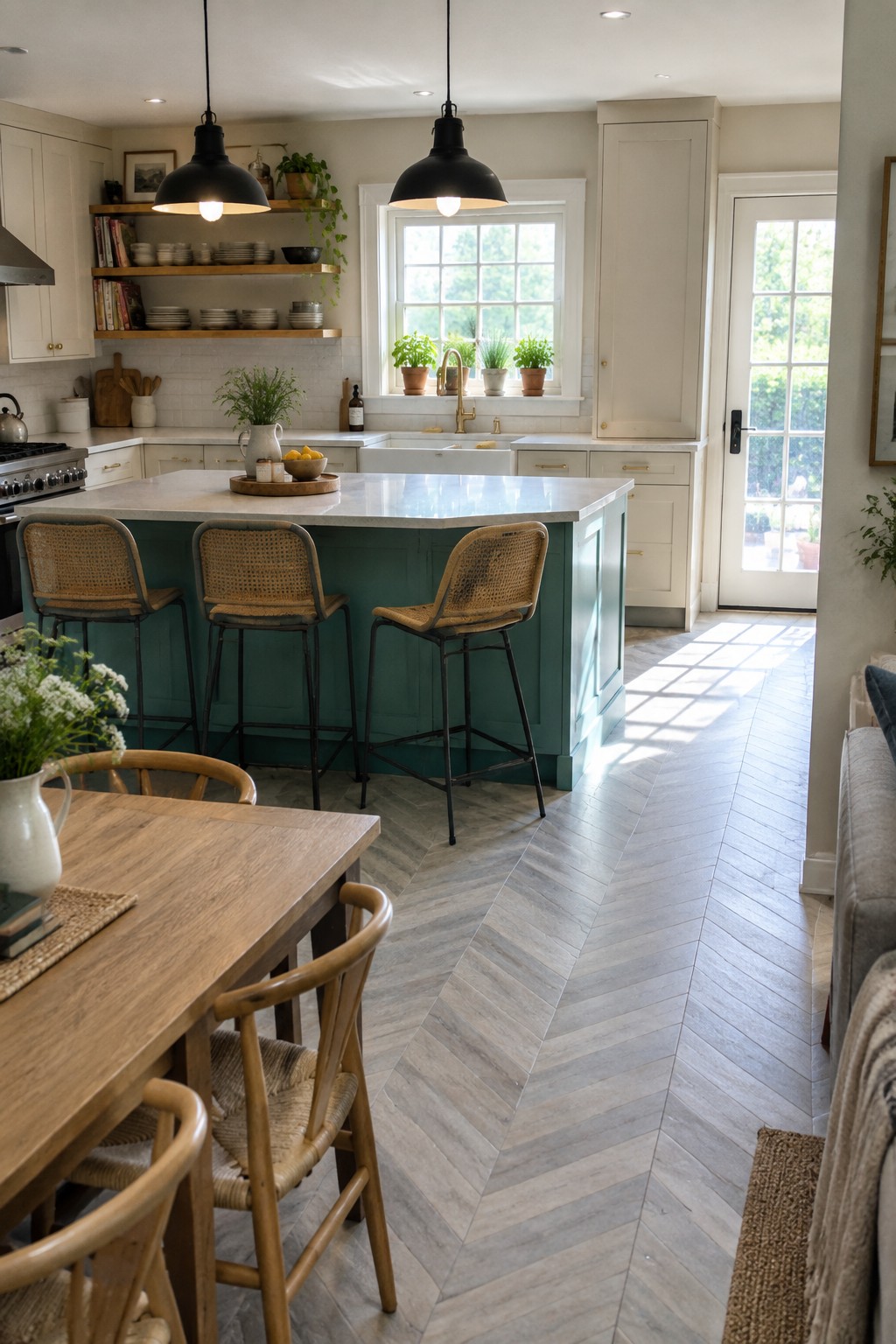 A kitchen island painted in deep teal green with a white marble top and woven bar stools.