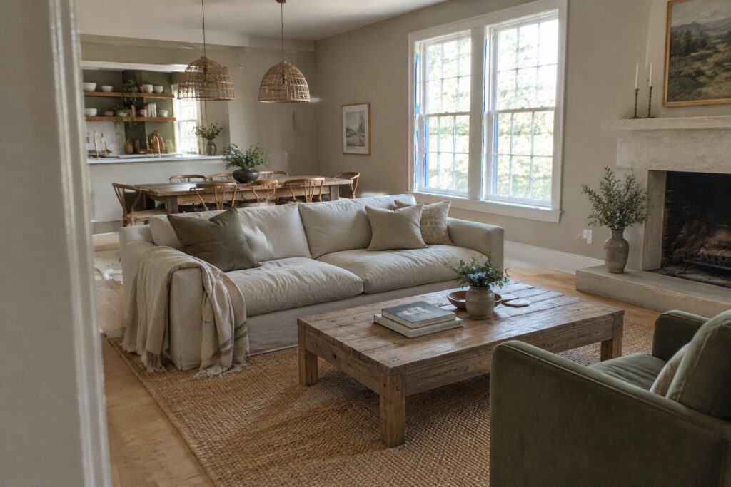 24 Smart Open-Concept Home Paint Colors for Coordinated Connected Rooms Light warm beige walls in an open living and dining area with wood furniture.