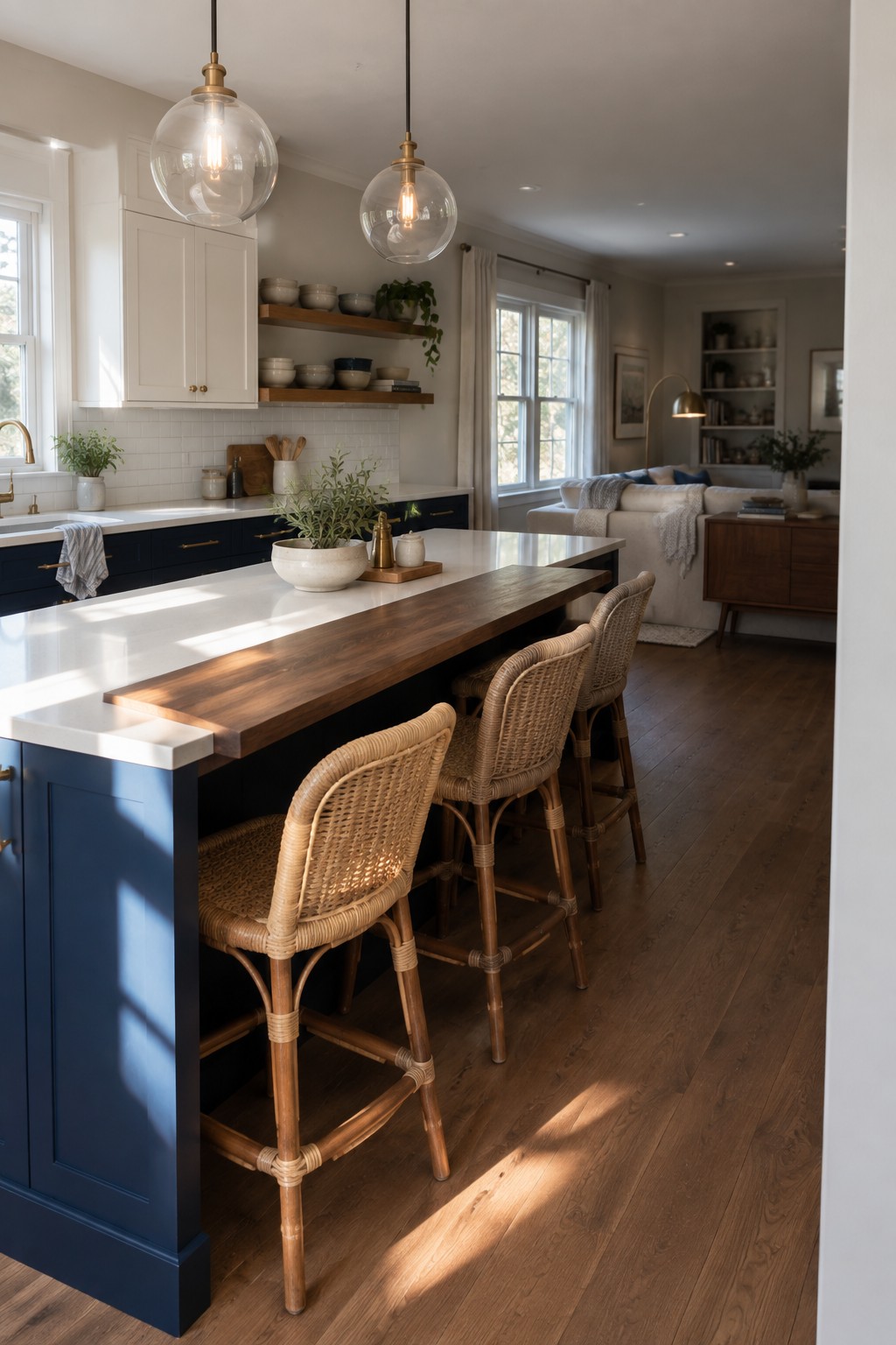 A kitchen island and base cabinets painted deep navy blue sit beneath white countertops in an open-concept space.