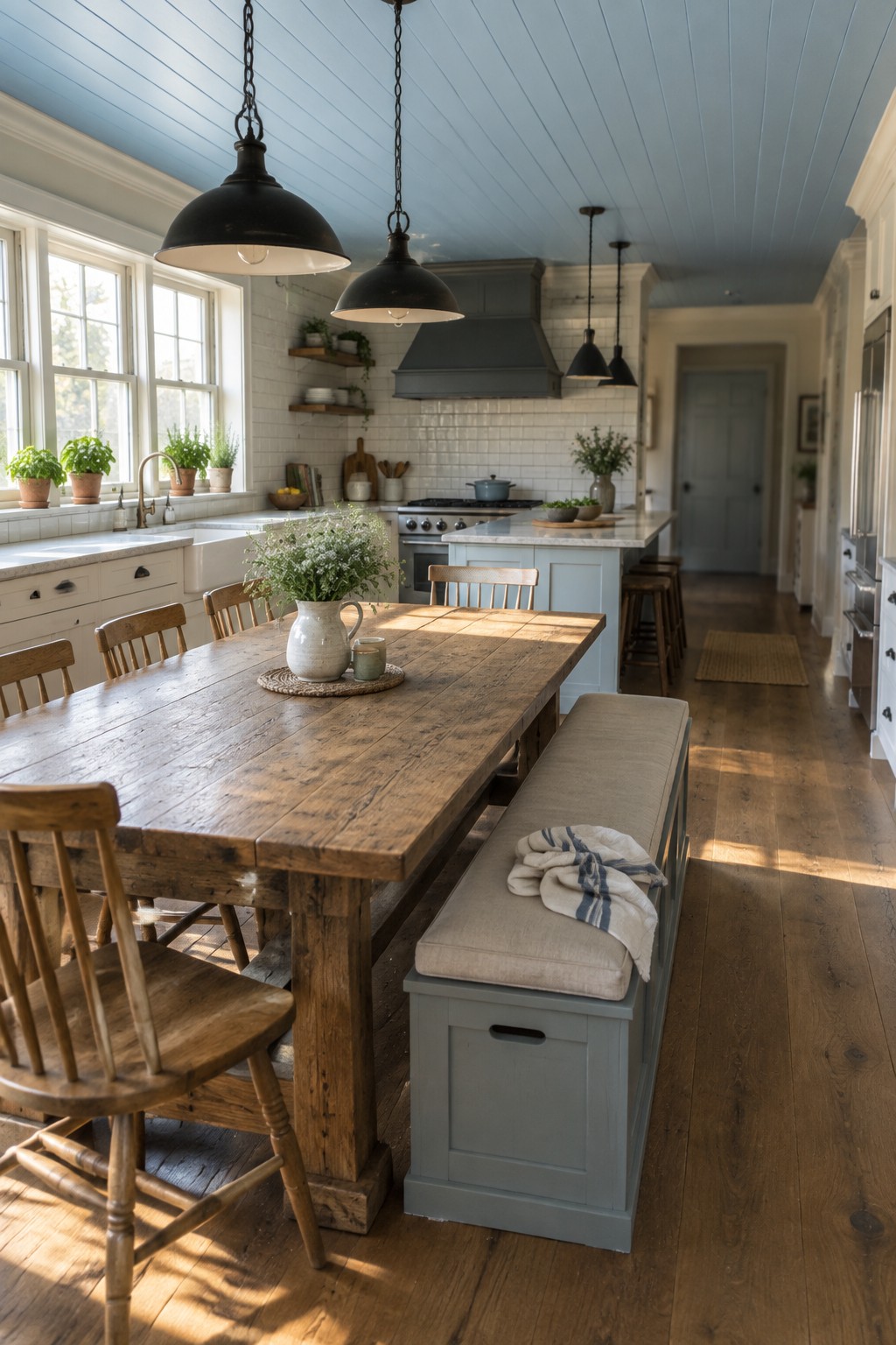 A pale blue ceiling and gray-blue island in an open kitchen dining space with wood table and flooring.