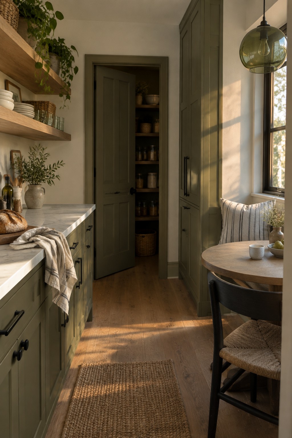 Sage green kitchen cabinets and pantry doors paired with wood shelves and flooring.