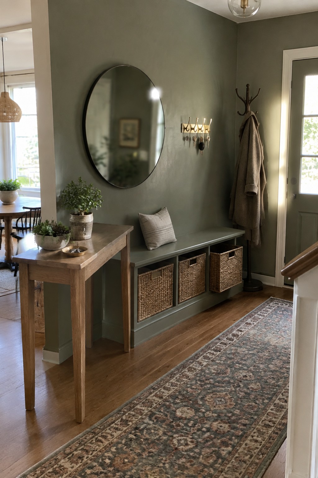 Sage green entryway with round mirror, storage bench, woven baskets, coat rack, and rug