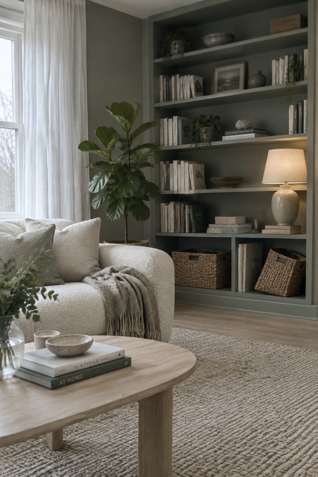 Cozy living room with white boucle sofa, fiddle leaf fig, and sage bookshelves