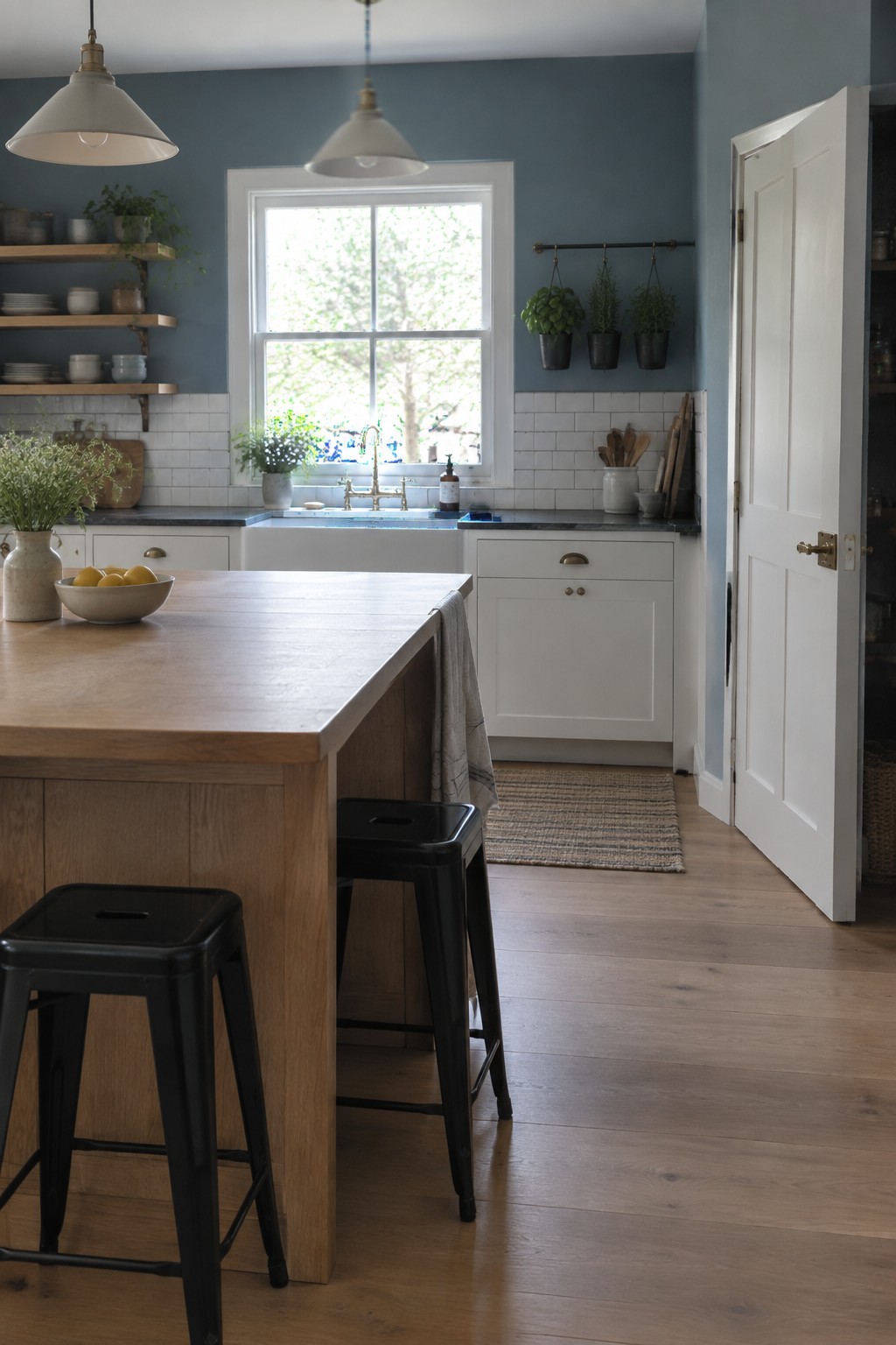Cozy kitchen with blue walls, wooden island, black stools, white cabinets, and plants.