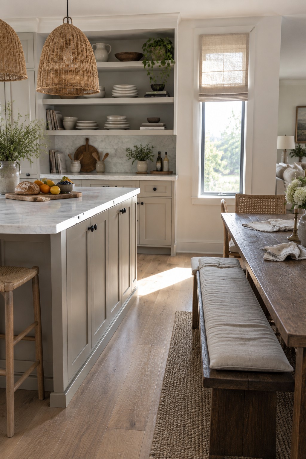 Kitchen cabinets and island painted in a soft greige with marble counters and wood floors in an open layout.