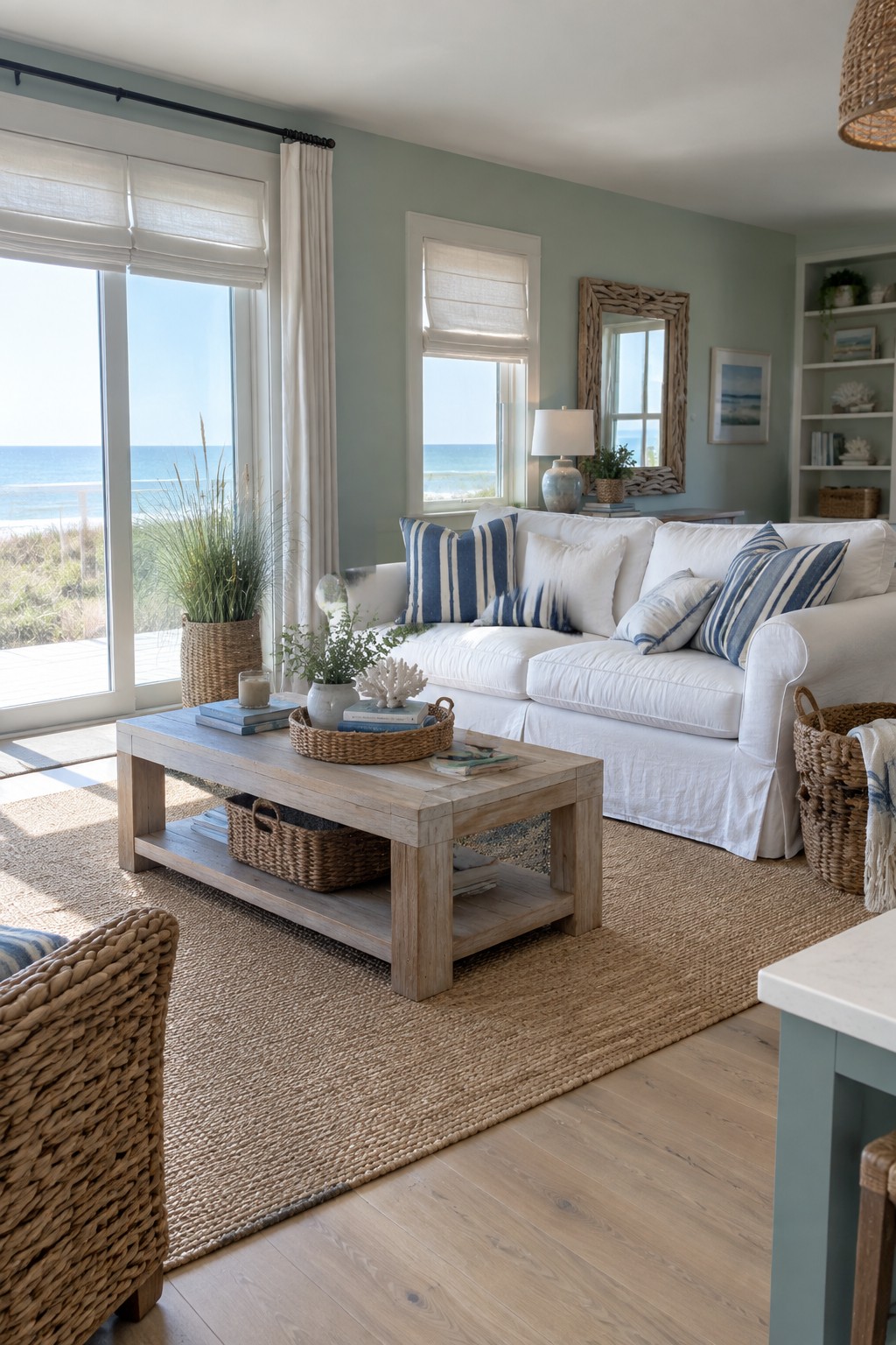 Soft sage green walls in a bright coastal living room with white sofa and ocean view.