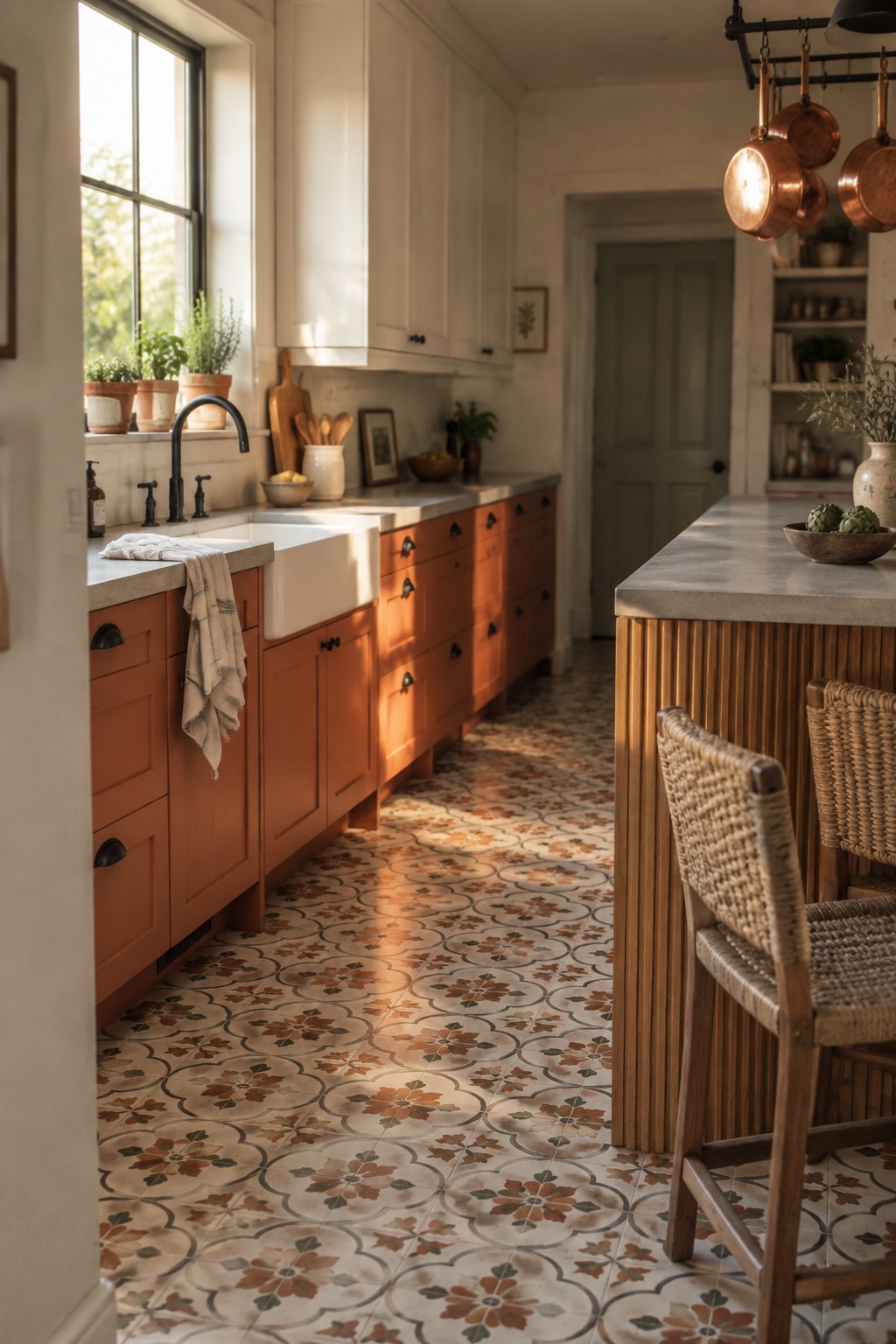 Lower kitchen cabinets painted in a warm terracotta color next to a wood island.