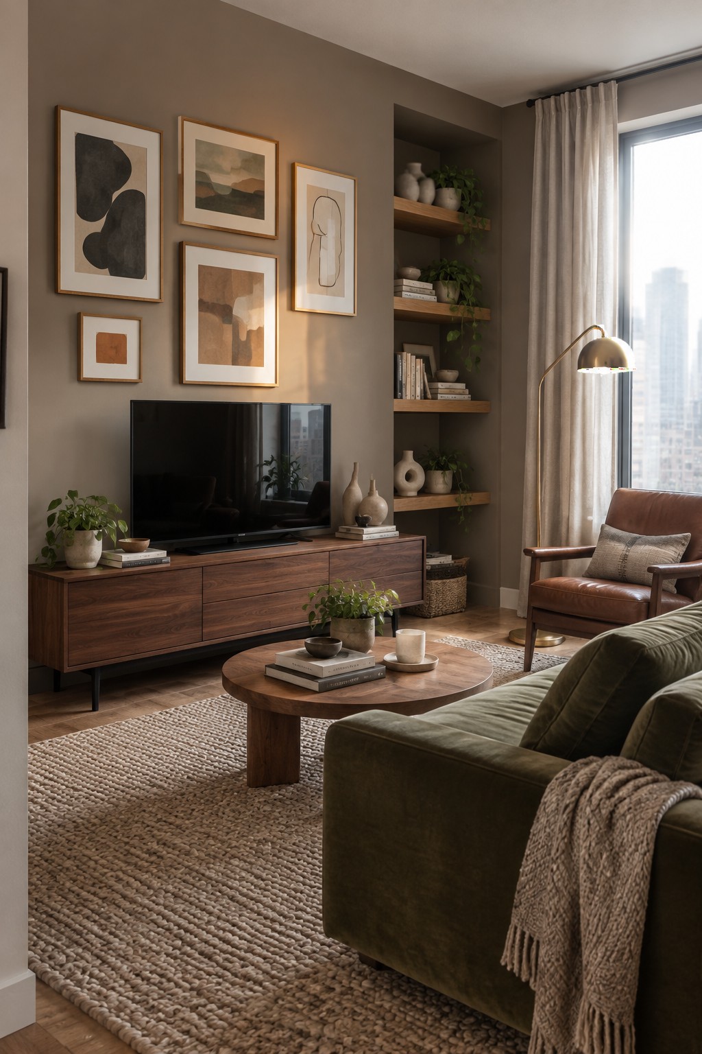 Warm taupe walls in a modern living room with wood furniture and leather seating.