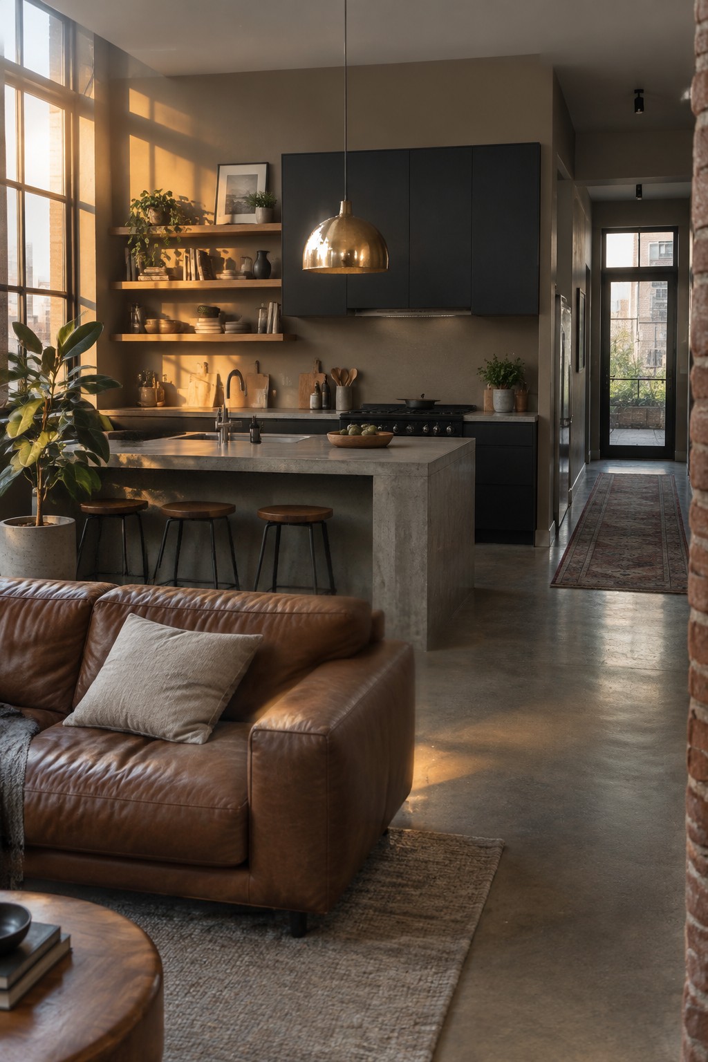 Warm taupe walls in an open kitchen and living area with a concrete island and dark cabinets.