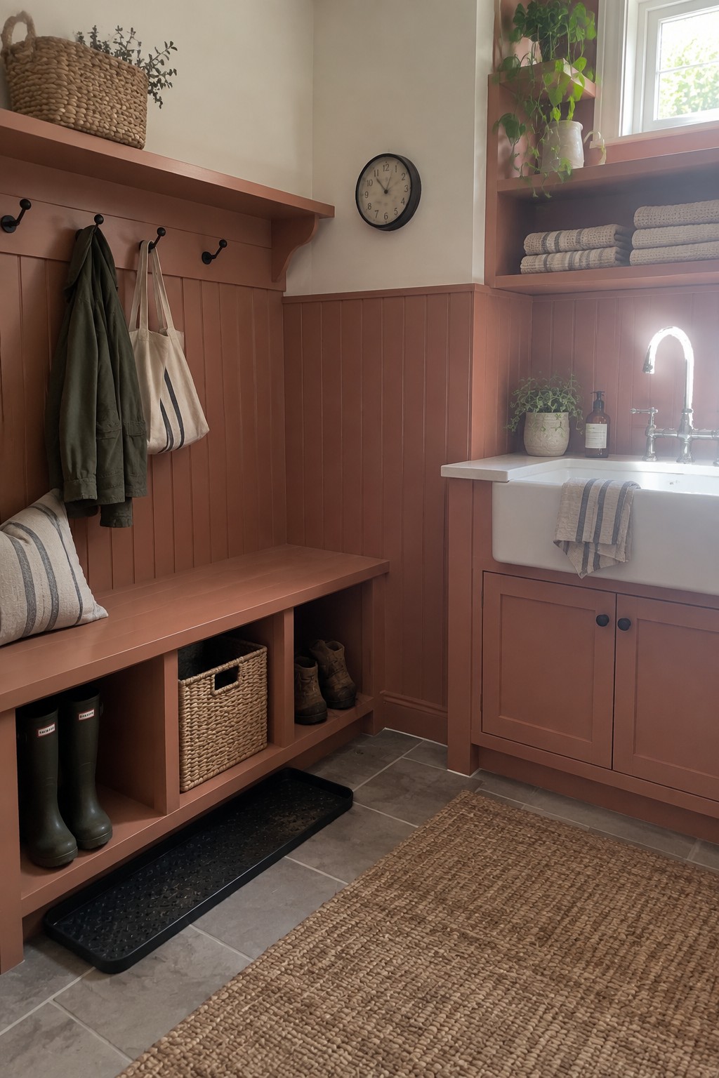 A mudroom with terracotta painted walls, bench, and sink cabinetry.